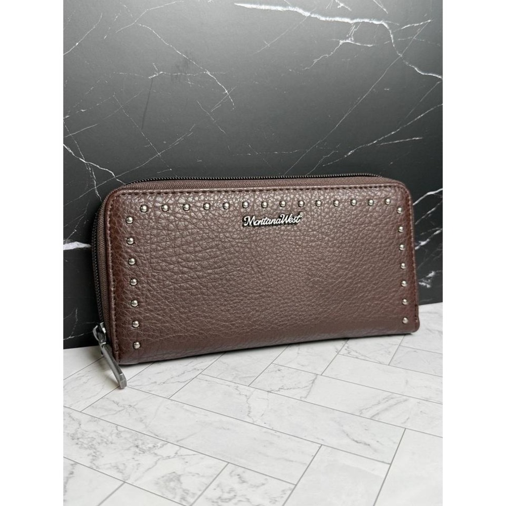 Montana West Cowgirl Studded Leather Clutch Wallet — Chocolate